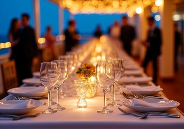 Evento di gala sul ponte della nave al tramonto