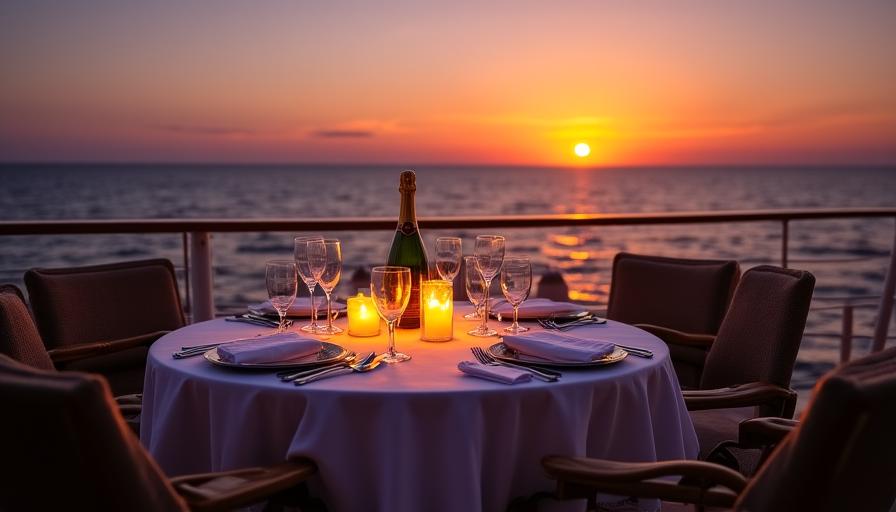 Cena romantica sul ponte della nave al tramonto
