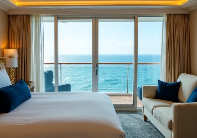 Interno di una suite di lusso Umbra Voyager con vista mare